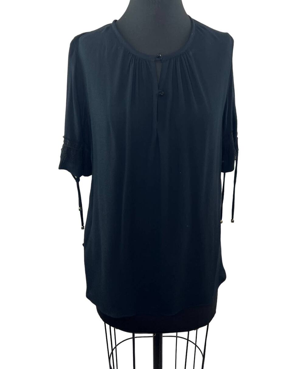 SESSUN Black Tie-Sleeve Keyhole Neck Blouse Top Viscose Pleated Lace Trim S